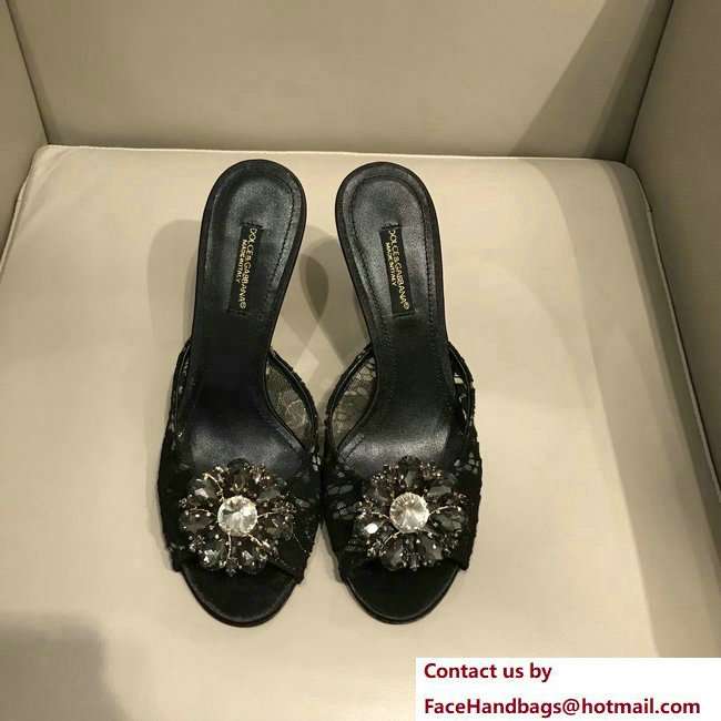 Dolce  &  Gabbana Heel 7cm Slippers Black In Lace With Crystals 2018